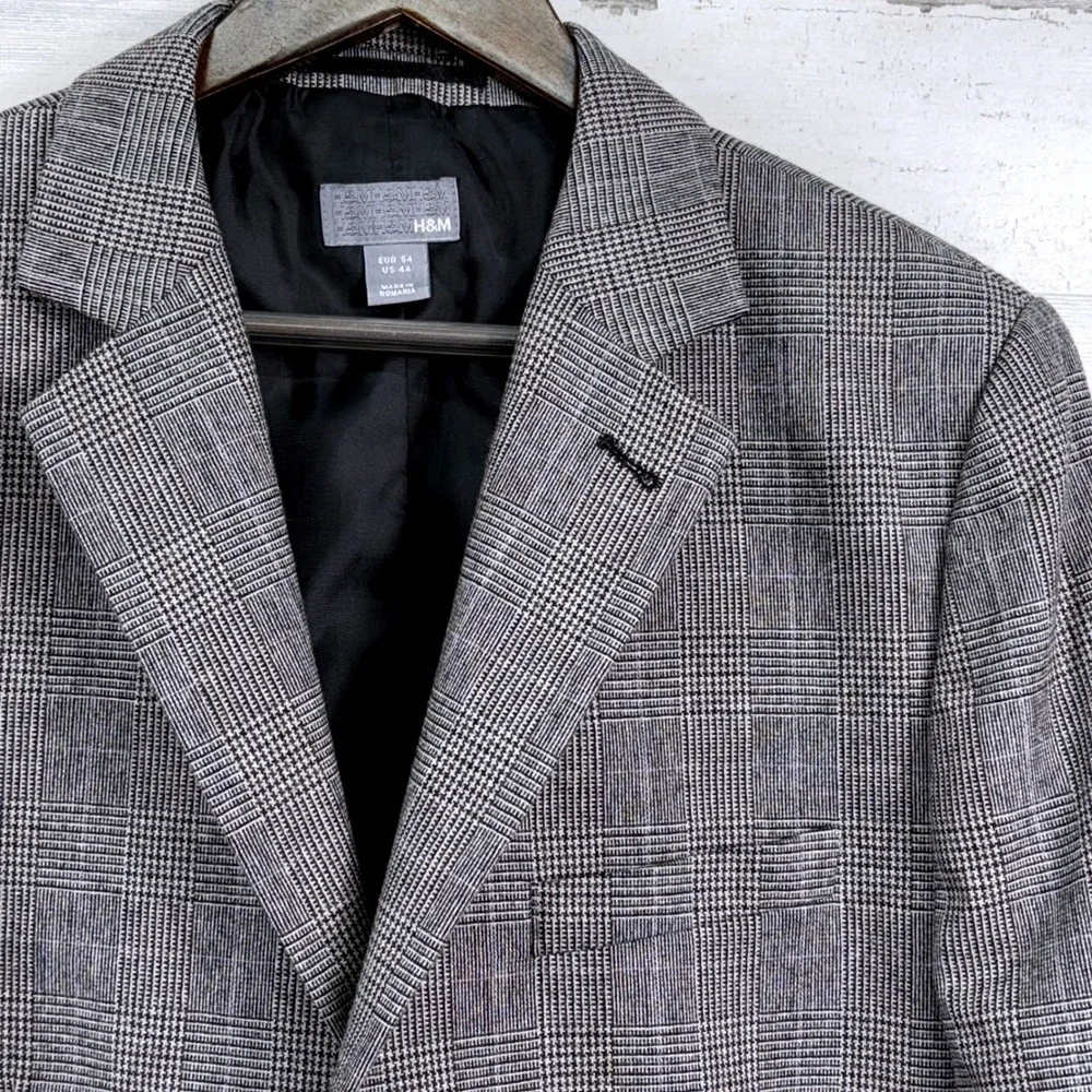 H&M Blazer Mens 44R Gray Glen Plaid Wool Blend Two Button Professional Corpcore